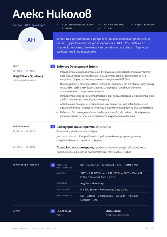 Пример за CV на Junior .NET Developer след професионалното пренаписване и оформяне