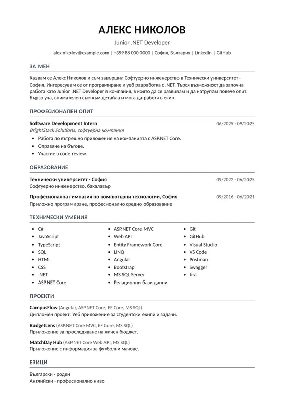 Пример за CV на Junior .NET Developer преди професионалното пренаписване