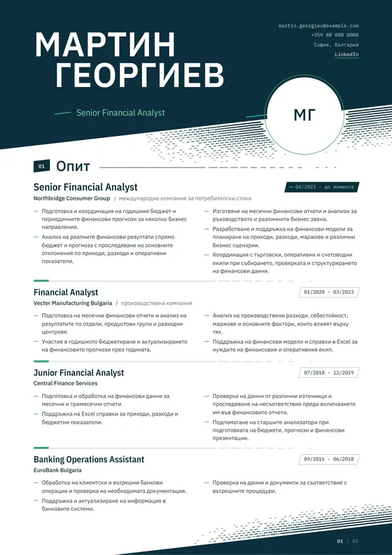 Пример за CV на Senior Financial Analyst след професионалното пренаписване и оформяне